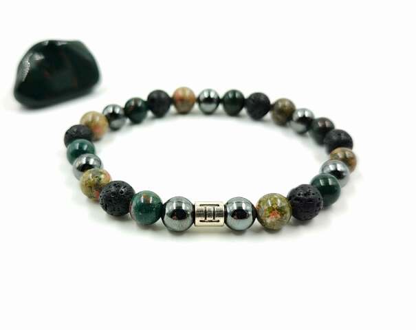 Ikrek lávakő, hematit, unakit, heliotrop férfi karkötő