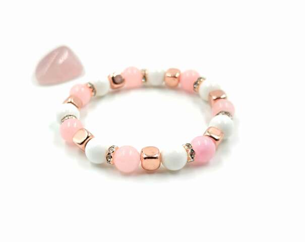 Rózsakvarc, kagyló, hematit női karkötő