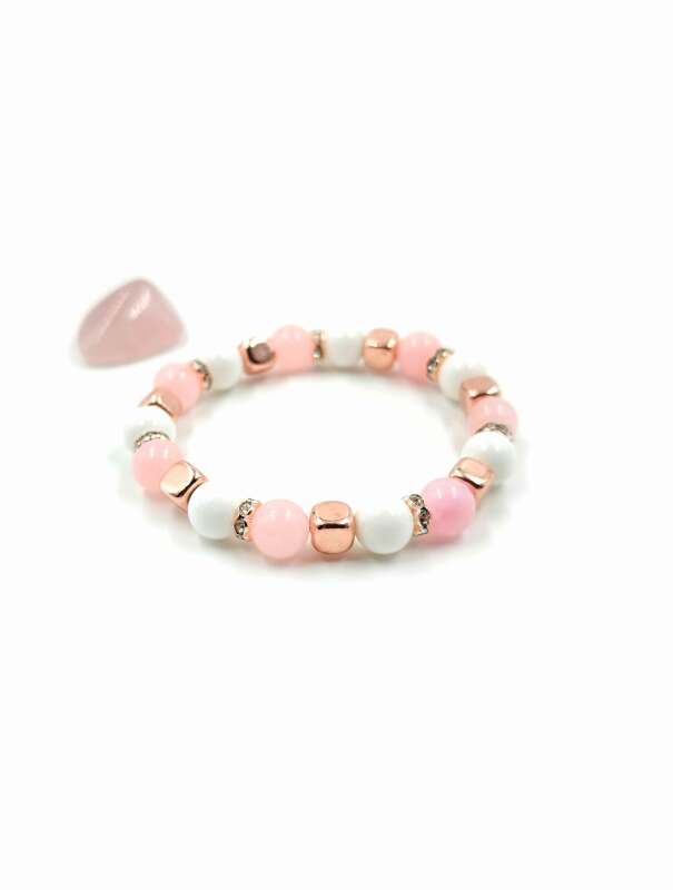 Rózsakvarc, kagyló, hematit női karkötő