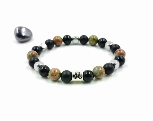 Oroszlán ónix, unakit, hematit ásvány karkötő